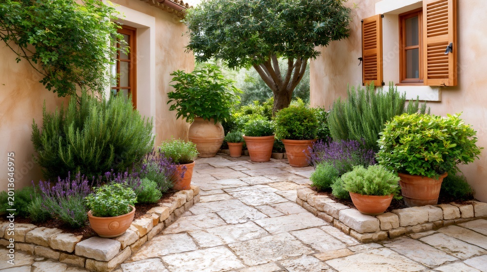 Fototapeta premium Mediterranean villa patio with potted herbs and stone path