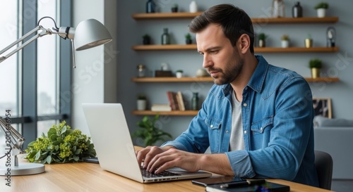 Man in blue shirt working on laptop in home office