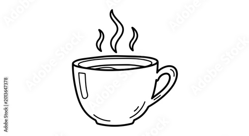 Steaming hot coffee cup minimalist line art illustration.