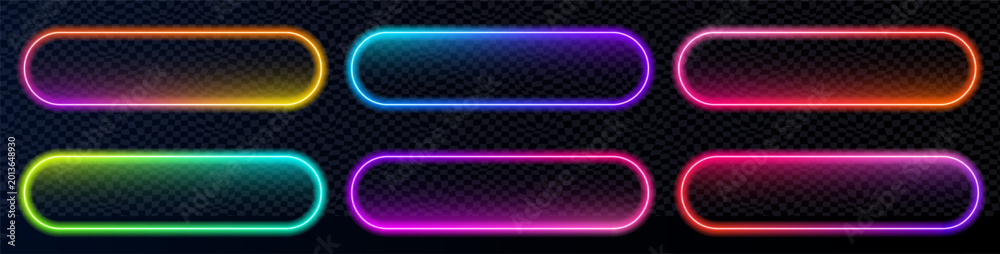 Fototapeta premium Neon action call sign with glowing light effect, colorful ui design for app, website, casino or gaming interface.