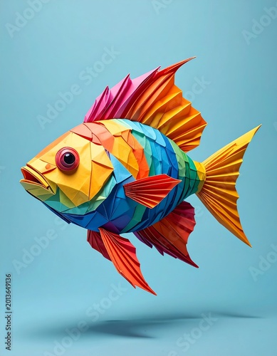 A cute cartoon vector illustration of a colorful abstract parrot fish swimming in a tropical marine aquarium, designed as a nature icon for aquatic sea life on a white background