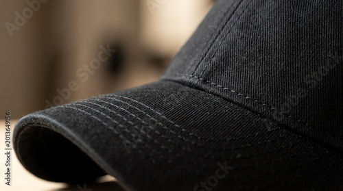 Close-up of a classic black baseball cap showcasing its fine fabric texture and sturdy stitching, ideal for apparel mockups, design presentations, or fashion branding projects