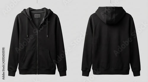 Plain black zip-up hoodie mockup, front and back view, perfect for apparel branding and design mockups