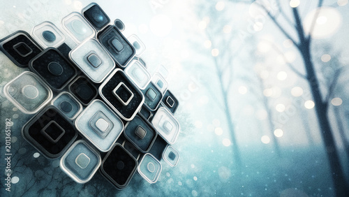 Geometric ice cubes stacked on snowy surface with winter forest background