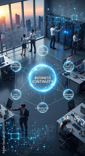 High-tech office hub orchestrates data flow, ensuring business continuity