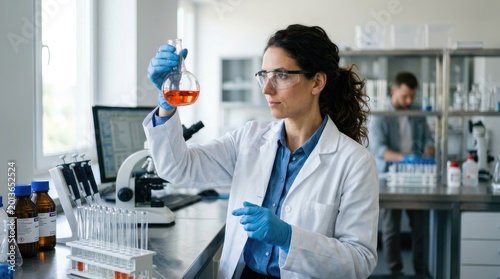 A female scientist examines a reddish-orange liquid in a graduated flask. She wears a white lab coat, blue shirt, safety glasses, and blue gloves.