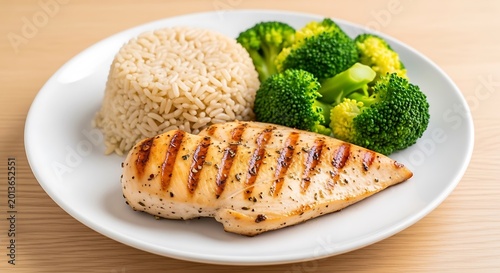 Grilled chicken breast served with rice and steamed broccoli on white plate