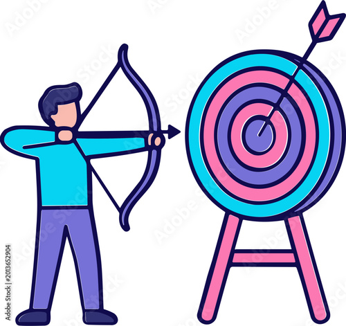 Man aims bow and arrow at colorful target on stand indoors