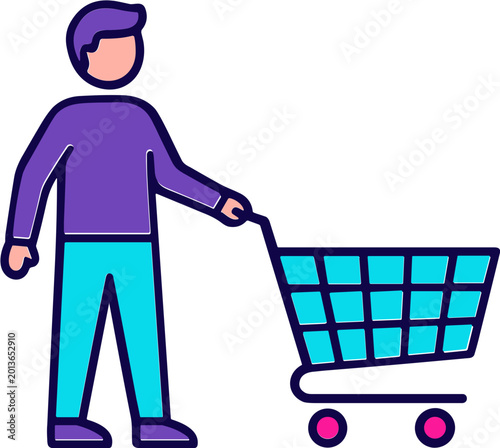 Man pushing shopping cart filled with goods in supermarket aisle