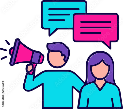 Man speaks through megaphone to woman with speech bubbles above them