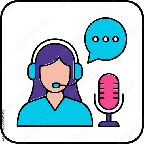 A woman wearing a headset speaks into a microphone with a speech bubble.