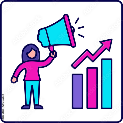 A woman holds a megaphone next to a growing bar chart graph