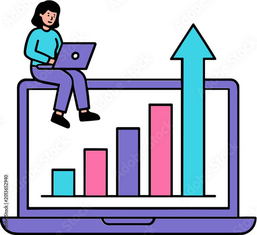 A woman sits on a laptop displaying a rising graph with colorful bars.