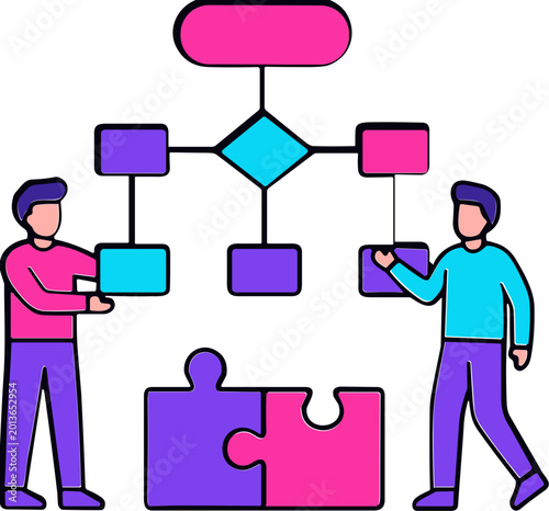 Two men are working together on a colorful flowchart and puzzle pieces