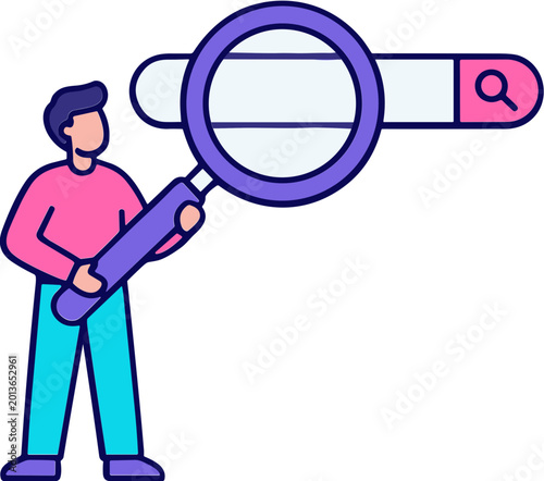 A man searches with a magnifying glass in a graphic illustration.