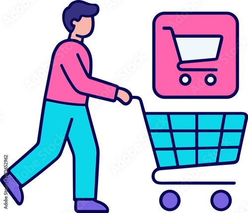 Man pushing shopping cart with pink shopping icon on screen