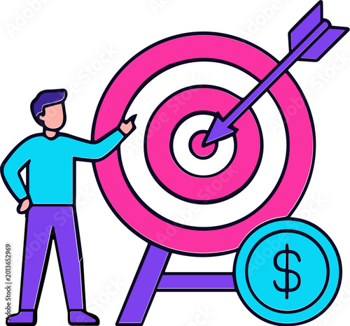 A man points at a large pink target with a purple arrow hitting the center next to a dollar sign.