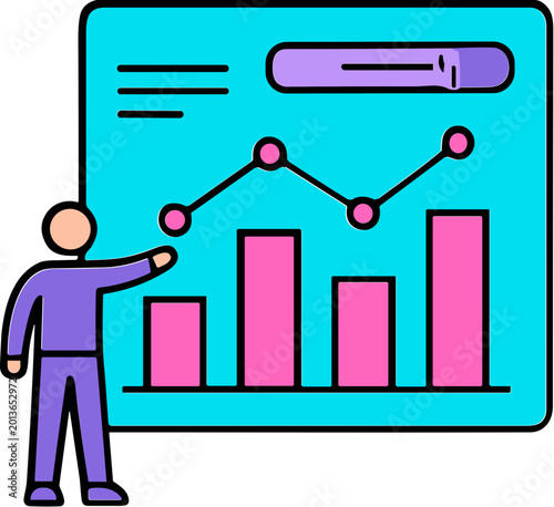 A person presenting a colorful graph with bars and lines on a screen