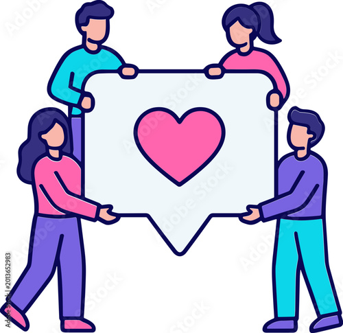 Four people holding a speech bubble with a heart