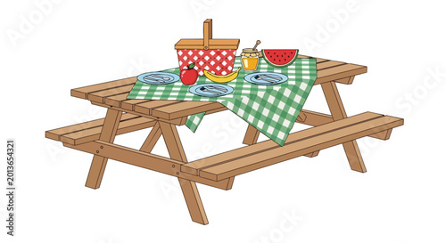 Picnic Table with Food and Basket on Green Checkered Tablecloth Illustration