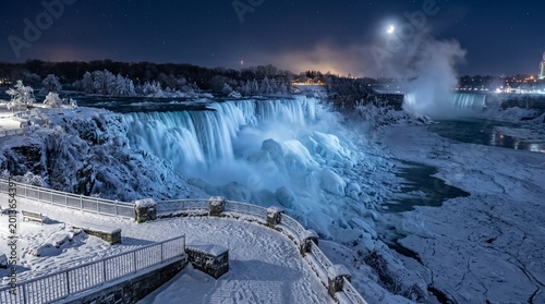 Snow-covered Niagara Falls at night with a bright moon shining above, mist rising from the icy waters, and a walkway in the foreground.