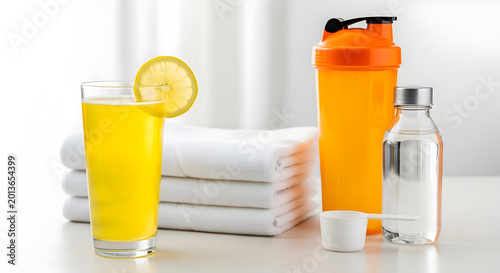 Refreshing Lemon Drink with Fitness Accessories on a White Surface