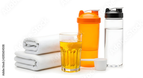 Fitness Essentials: Protein Shake, Water Bottle, Towels, and Drink on White Background.
