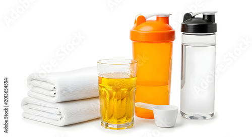 Fitness Essentials: Orange Shaker, Water Bottle, and Supplement Drink