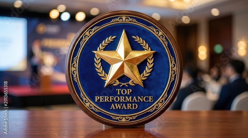 A polished, wooden award plaque sits on a dark wooden table. The plaque is circular and features a golden star emblem centered on a deep blue background.