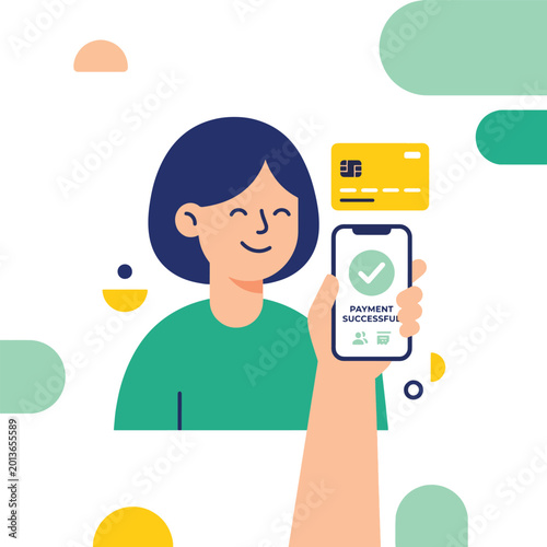 Woman holding smartphone showing payment successful confirmation screen with credit card nearby