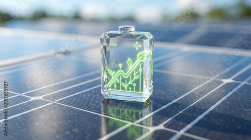 Transparent battery with green energy growth icon on solar panel surface concept of power