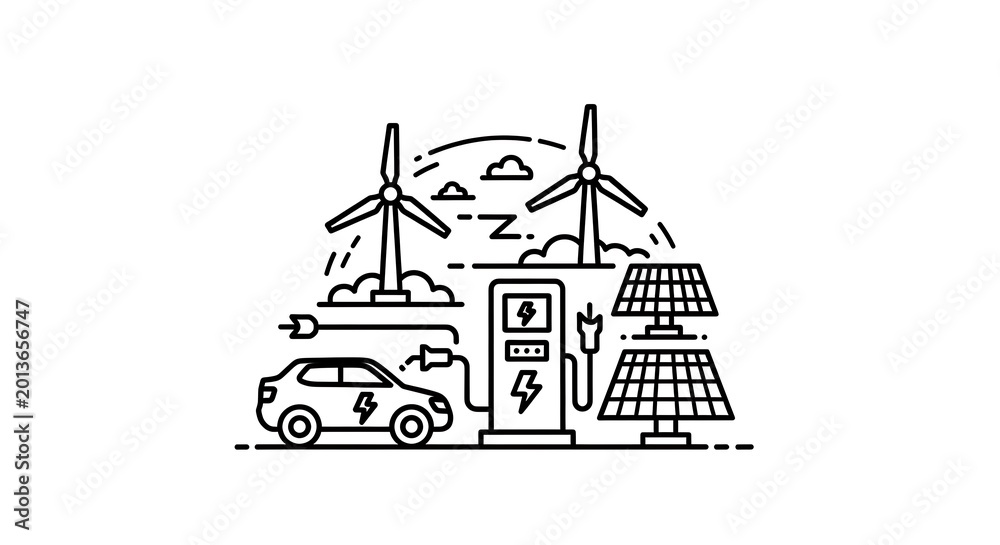 Fototapeta premium Electric car charging using renewable energy sources like solar and wind power efficiently