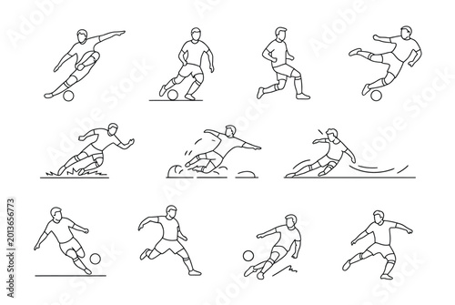Photography Soccer Player Line Art Icons Showing Kicking Juggling Heading Tackling and Dynam