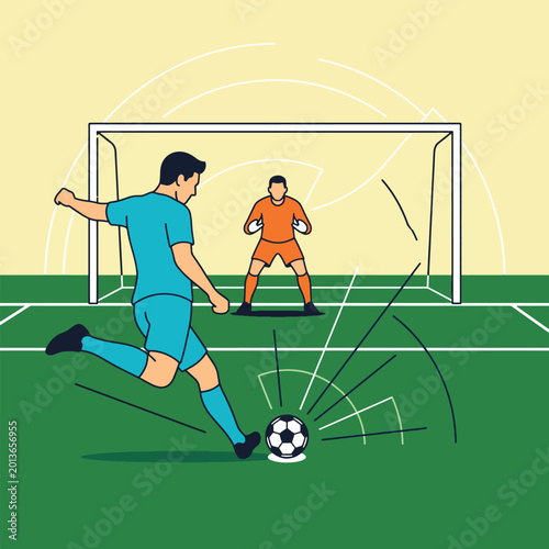 Soccer player kicking ball into goal net with goalkeeper waiting in background