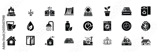 Cuadro en lienzo Sustainable energy and ecology icons set, 24 black solid vector symbols for gree