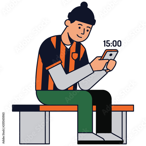 Young man celebrating goal on smartphone screen with excitement flat illustration