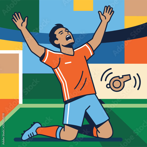 Crowd of cheering sports fans in stadium with colorful flags and raised hands flat illustration