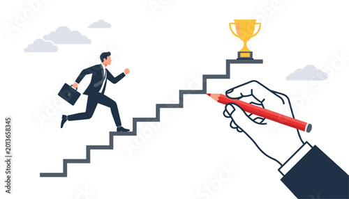 Vector businessman running up the stairs towards a trophy being drawn by a hand with a pencil