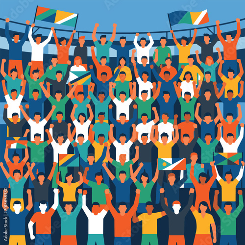 Abstract crowd of cheering people in stadium at night with spotlights flat design illustration
