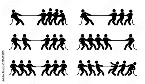 Tug of War Competition Icons, Teamwork Struggle Silhouette Set, Strength Contest Vector Graphics for Sports and Business Concepts
