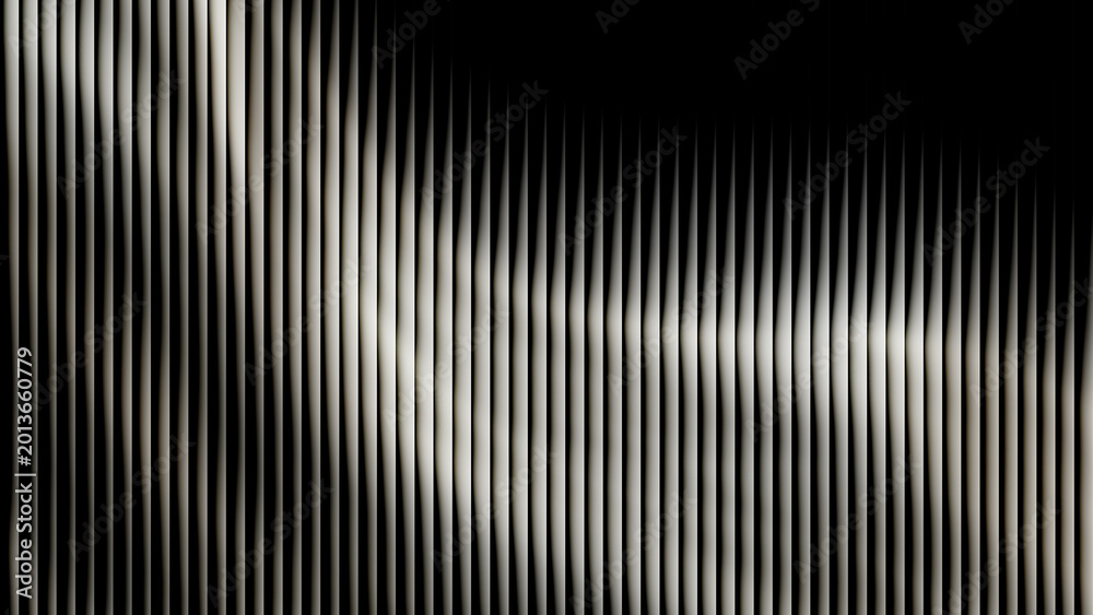 Fototapeta premium Abstract vertical metallic lines creating a wavy light distortion effect on a dark background for modern minimalist graphic design and corporate tech presentation