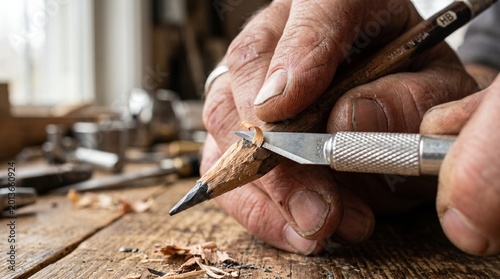 Photos man craving a lead pencil into different arts