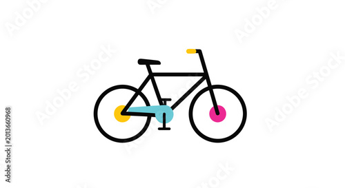 Simple line drawing of a bicycle with colorful accents on the wheels and chain guard representing active transit and leisure.