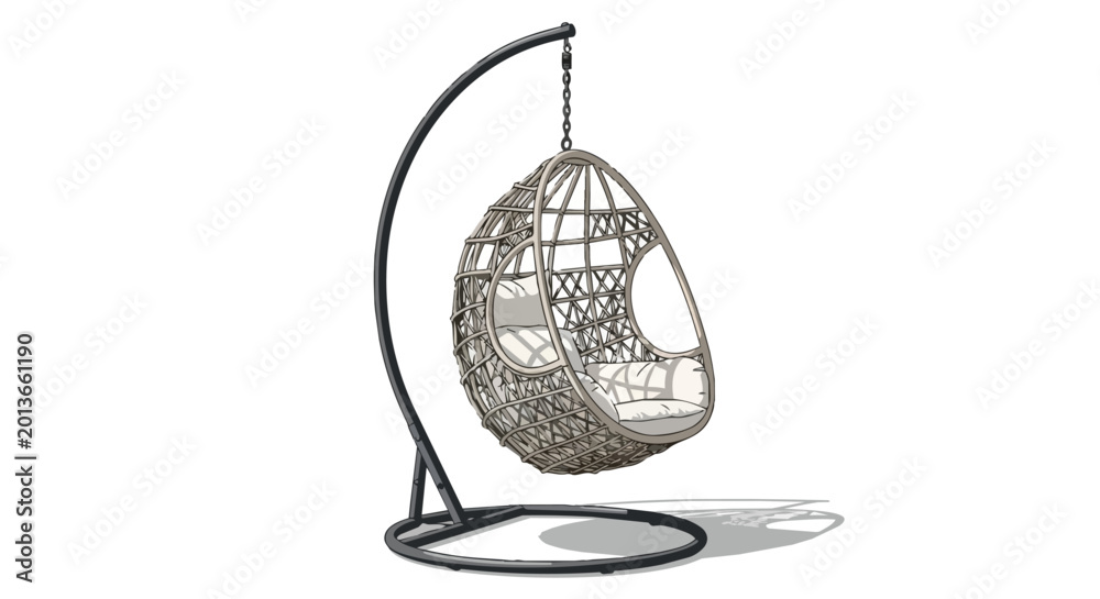 Obraz premium Modern Hanging Wicker Cocoon Chair on Metal Stand Illustration for Garden or Patio Decor