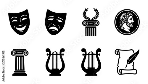 Cuadro en lienzo Ancient Greek Culture Icons Set, Classical Architecture, Theater Masks, Lyre, La
