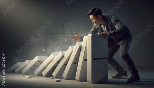 Man stopping falling domino with effort and focus in dark room
