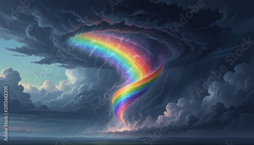 Rainbow tornado twisting through dark storm clouds with lightning and rain over distant landscape, creating dramatic and colorful natural