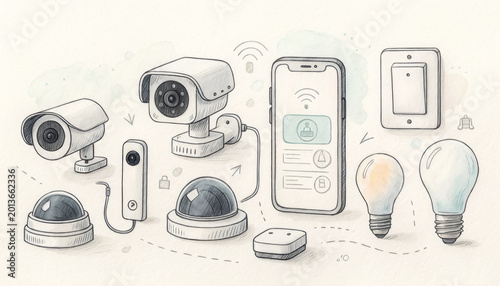 Smart home security system with surveillance cameras, smartphone control, light bulbs, and switch for modern automation