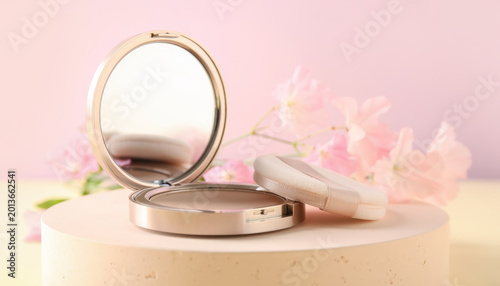 Compact powder makeup with mirror and applicator puff on round pedestal, soft pink flowers in background create delicate mood
