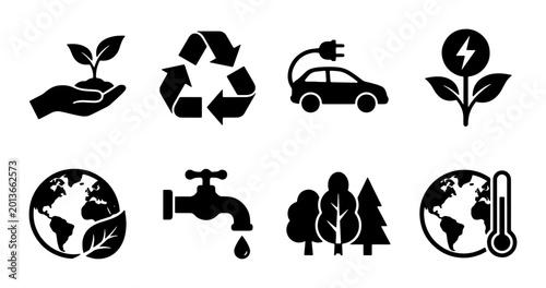 Photos Eco-Friendly Icons Set: Sustainability, Renewable Energy, and Environmental Protection Graphics